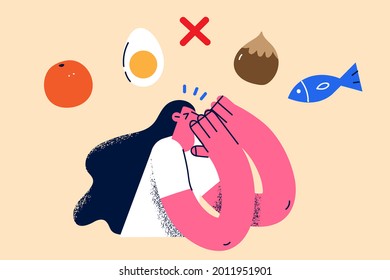 Allergy and special food diet concept. Cute girl cartoon character standing thinking about food allergies fish, citrus, eggs, nuts meaning food intolerance vector illustration