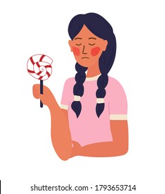 allergy to sugar and sweets. Red cheeks with rash. Sucrose intolerance. You can't eat candy. Girl holding a lollipop in her hands. Cartoon vector illustration