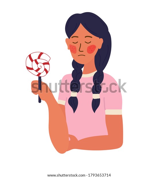 砂糖と甘い物に対するアレルギー 赤い頬に発疹 ショ糖不寛容 あなたは飴を食べることができません ロリポップを手に持つ女の子 漫画のベクター イラスト のベクター画像素材 ロイヤリティフリー