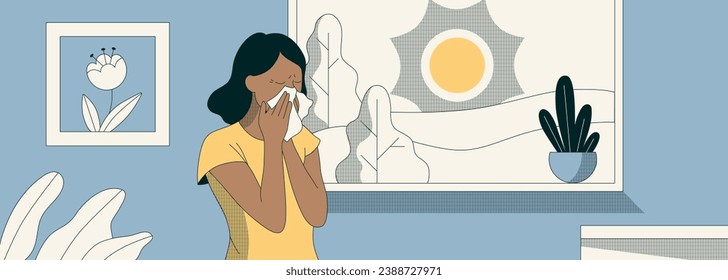 Allergy to the sun, dust and flowers.  A woman sneezing due to an allergy. Seasonal allergies and runny nose concept. Vector illustration. Horizontal banner in flat style for your website or header.