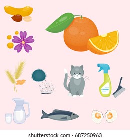 Allergy symbols disease healthcare food viruses health flat illness allergen symptoms disease information vector illustration.