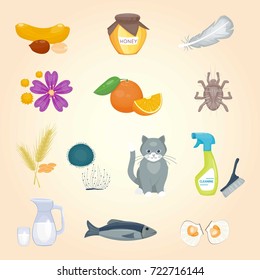 Allergy symbols disease healthcare food viruses health flat illness allergen symptoms disease information vector illustration.