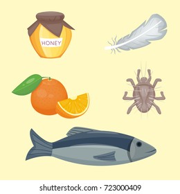 Allergy symbols disease healthcare food viruses health flat illness allergen symptoms disease information vector illustration.