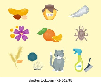 Allergy symbols disease healthcare food viruses health flat illness allergen symptoms disease information vector illustration.