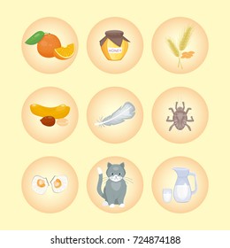 Allergy symbols disease healthcare food viruses health flat illness allergen symptoms disease information vector illustration.
