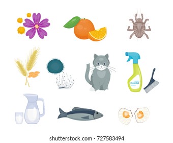 Allergy symbols disease healthcare food viruses health flat illness allergen symptoms disease information vector illustration.