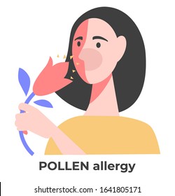 Allergy symptom and cause, sick sneezing woman having cough, runny nose or sore eyes vector. Girl with flower allergic to pollen, medicine and healthcare. Plant allergen intolerance, medical problem