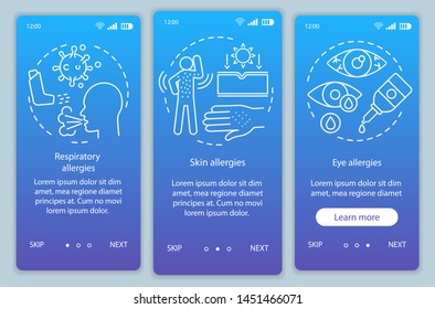 Allergy symptom types onboarding mobile app page screen vector template. Skin, eye, respiratory allergies. Walkthrough website steps with linear illustrations. UX, UI, GUI smartphone interface concept