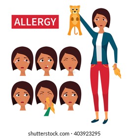 Allergy symptoms. Allergic reaction on domestic animals. Cats allergen. Vector illustration.