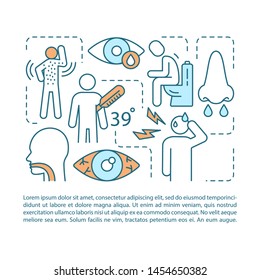 Allergy symptoms article page vector template. Fever, contact dermatitis, diarrhea. Brochure, magazine, booklet design element with icons, text box. Print design. Concept illustrations with text space