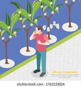 Allergy symptoms background with spring flowering symbols isometric vector illustration