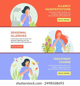 allergy symptoms banners. cartoon horizontal banners collection, allergy types, people suffering from seasonal allergies, itching and watery eyes, rash, sneezing. vector cartoon conceptual banner.