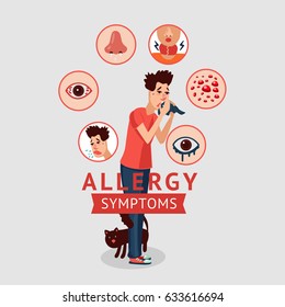 Allergy symptoms concept with cough sneeze itching skin rash runny nose and sick sore eyes isolated vector illustration  