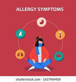 Allergy symptoms - cough, lacrimation, sneezing, runny nose, rash, itch. Allergens: wheat, milk, honey, corn, dust, pollen, latex, wool, soy, celery and others. Infographics about symptoms and allerge