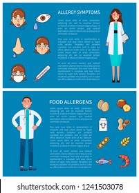 Allergy symptoms and food allergens vector posters with icons and doctors. Cough and rhinitis, high temperature and headache. Nuts and milk, shrimp and fish