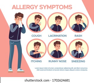 Allergy symptoms. Healthcare problems sickness symptom. Cough, itchy and runny, blisters, sneezing, edema and lacrimation vector disease diagram