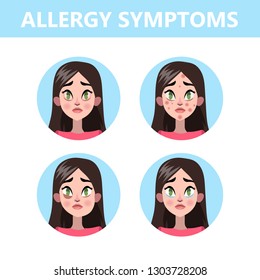 Allergy symptoms infographic. Runny nose and eye redness. Seasonal disease. Sign of allergy. Isolated vector illustration in cartoon style