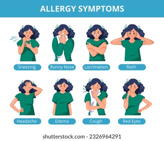 Allergy Symptoms. Informational medical poster with text and a woman suffering from allergies. Vector illustration in flat style, isolated on a white background