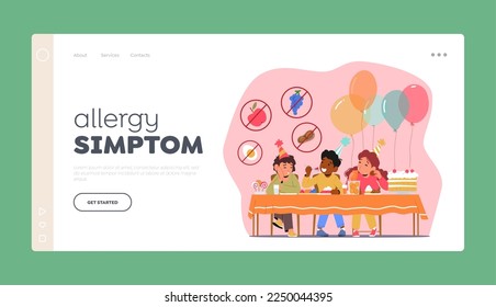 Allergy Symptoms Landing Page Template. Sad Boy with Food Allergy Avoid Eating Sweets on Birthday Party. Child Character with Allergic Reaction on Bday Celebration. Cartoon People Vector Illustration