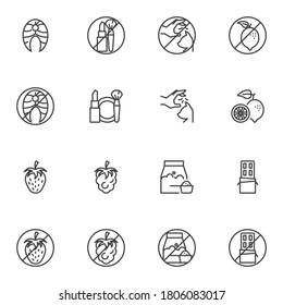 Allergy symptoms line icons set, allergic reaction outline vector symbol collection, linear style pictogram pack. Signs, logo illustration. Set includes icons as animal fur allergen, cosmetics, food