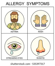 Allergy symptoms line style concept with tearing rash redness, asthma and runny nose vector illustration