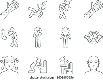 Allergy symptoms linear icons set. Food poisoning, flu, influenza. Viral infection. Allergic reaction thin line contour symbols. Isolated vector outline illustrations. Editable stroke