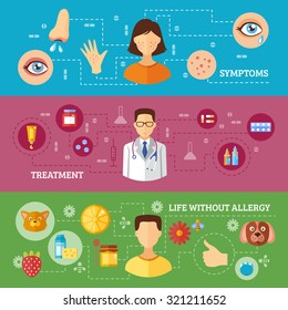 Allergy symptoms medical treatment relief and rescue three horizontal flat color banners isolated vector illustration