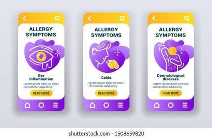 Allergy symptoms mobile app screen kit. Flat vector illustration isolated line icon person, eye inflammation, sneezing man on violet flowing liquid shapes background. UI/UX/GUI template.