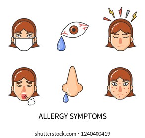 Allergy symptoms of person suffering from pain isolated icons set vector. Runny nose, rash face skin, anger and cough, tear drop. Sensitivity of body