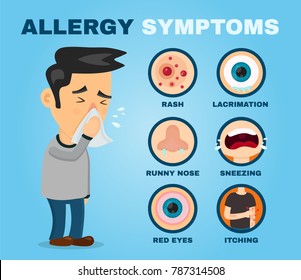 Allergy symptoms problem infographic. Vector flat cartoon illustration icon design. Sneezing person man character.
