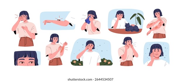 Allergy symptoms set. Allergic disease reactions. Rash, itch on skin, sneeze, cough, edema, sick eyes from allergens, pollen, insect bite, cat. Flat vector illustration isolated on white background