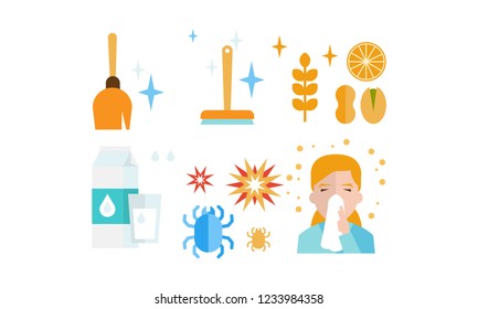 Allergy symptoms and treatment icons set, allergic reaction to dust, food, dairy products, insects, allergic rhinitis vector Illustration