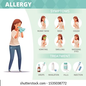 Allergy symptoms and treatment poster with healthcare problems symbols cartoon  vector illustration