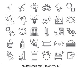 Allergy symptoms and treatment and prevention. vector icon set.