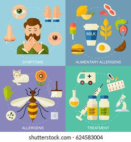 Allergy symptoms and treatment vector square illustration.  The most common allergens icons set, flat style. Medicine and health symbols. Medical background.