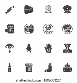 Síntomas alérgicos conjunto de iconos vectoriales, reacción alérgica colección moderna de símbolos sólidos, paquete de pictogramas estilo relleno. Señales, ilustración del logotipo. Establecer incluye iconos como