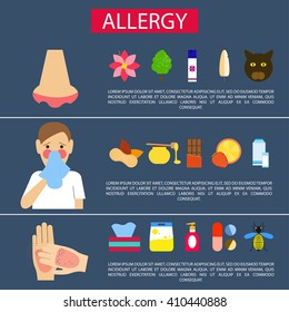 Allergy symptoms. Vector illustration. Flat design
Food allergens, allergens of domestic, epidermal and pollen allergens. Poster. People with allergies