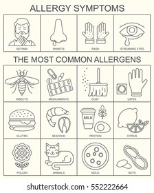 Allergy symptoms vector illustration. The most common allergens black on white line style icons set. Medical background. Medicine and health pattern.