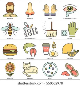 Allergy symptoms vector linear illustration. The most common allergens colored line style icons set. Medical background. Medicine and health pattern.