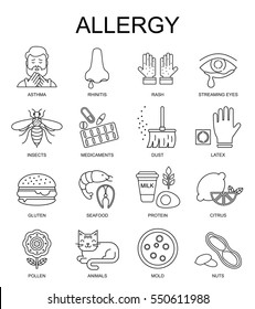 Allergy symptoms vector linear illustration. The most common allergens black on white line style icons set.  Medicine and health symbols.