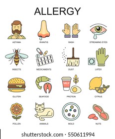 Síntomas alérgicos ilustración lineal vectorial. Los iconos de estilo de línea de color alérgenos más comunes se establecen.  Medicina y símbolos de salud.