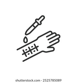 Allergy test, in line design. Allergy, skin prick test, allergy screening, medical test, immune system, allergen on white background vector. Allergy test editable stroke icon