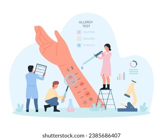 Allergy test on patients skin vector illustration. Cartoon tiny people holding pipette to drop on human arm, doctors allergists with magnifying glass research allergic reaction at hospital examination