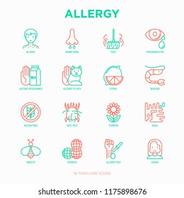 Allergy thin line icons set: runny nose, dust, streaming eyes, lactose intolerance, citrus, seafood,gluten free, dust mite, flower, mold, peanut, allergy test, edema. Modern vector illustration.