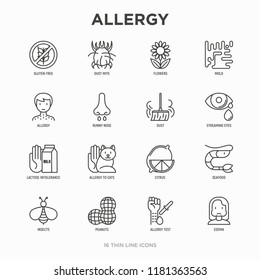 Allergy thin line icons set: runny nose, dust, streaming eyes, lactose intolerance, citrus, seafood, gluten free, dust mite, flower, mold, peanut, allergy test, edema. Modern vector illustration.