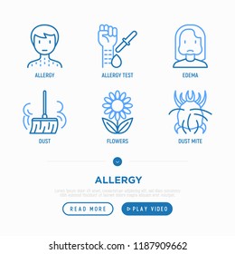 Allergy thin line icons set: dust, dust mite, pollen, allergy test, edema. Modern vector illustration.