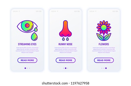 Allergy thin line icons set: runny nose, streaming eyes, flower's pollen. Vector illustration.