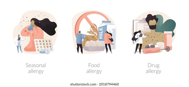 Allergy treatment abstract concept vector illustration set. Seasonal allergy, food and drug allergic disease diagnostics, skin rash, gluten free diet, sneezing and dermatitis abstract metaphor.