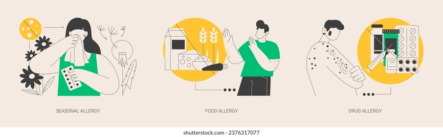 Conjunto de ilustración vectorial de concepto abstracto de tratamiento alérgico. Alergia estacional, diagnóstico de enfermedades alérgicas alimentarias y medicamentosas, erupción cutánea, dieta sin gluten, estornudos y dermatitis metáfora abstracta.