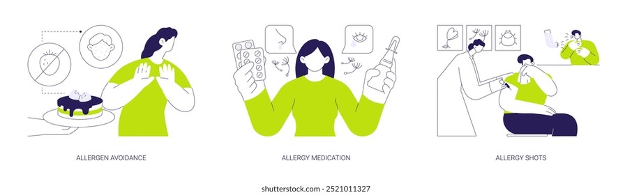 Tratamento da alergia conceito abstrato vetor ilustração conjunto. Evitar alérgenos, injeções de medicamentos e imunoterapia, terapia medicamentosa, recusar alimentos alérgicos, sintomas respiratórios metáfora abstrata.